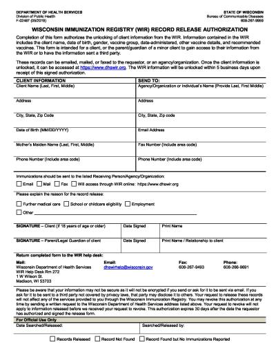 Wisconsin Immunization Registry (WIR) Record Release Authorization